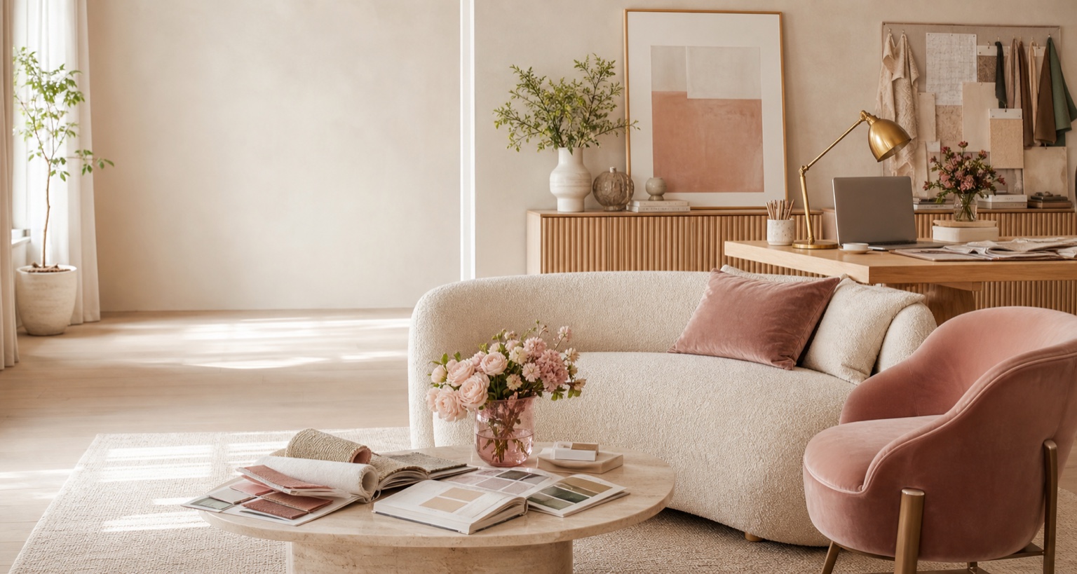 Bright interior design studio with bouclé sofa, blush velvet chair, fabric swatches, flowers, and warm wood furniture